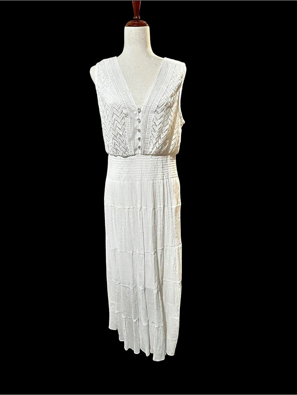 Kings Road White Boho Crochet Lace Maxi Dress XL Smocked Waist
